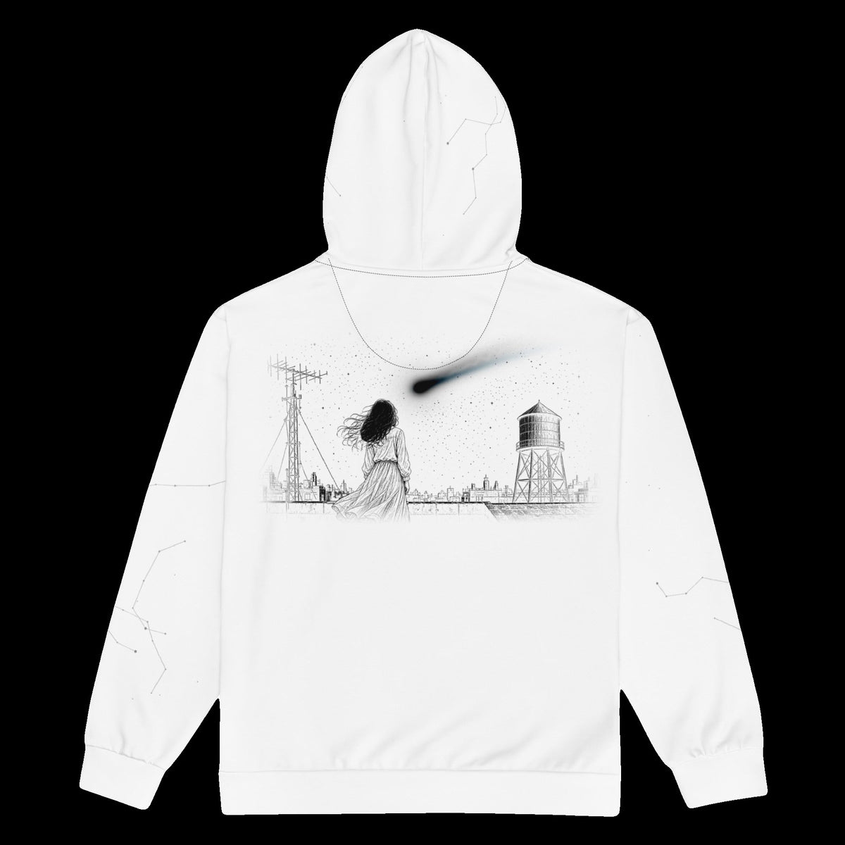 Last Call Zip Hoodie: white rave zip hoodie with comet over girl and water tower scene, back view