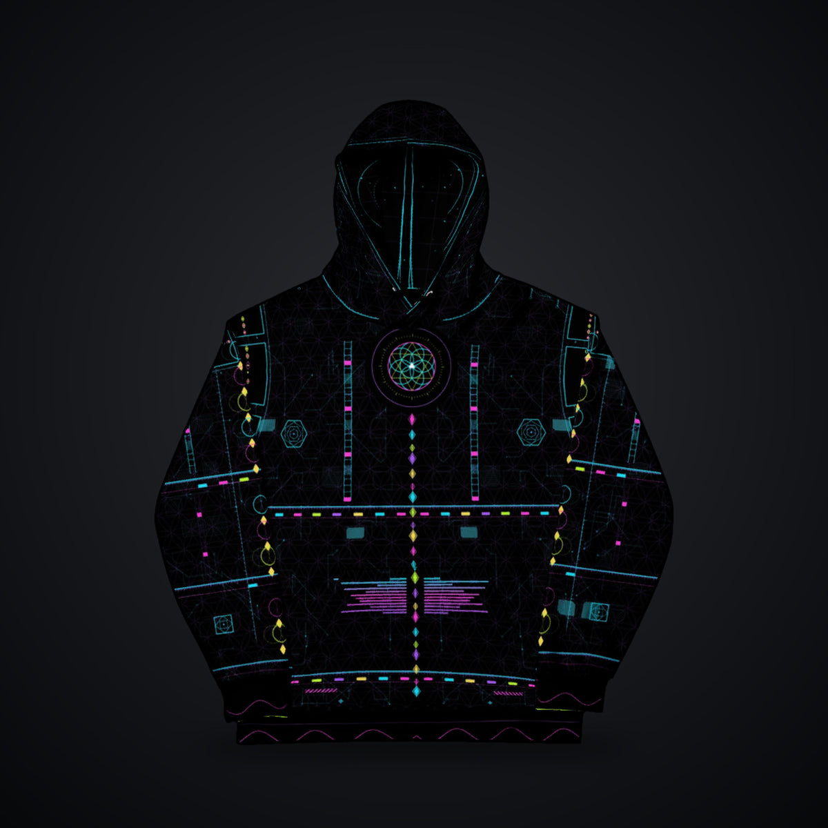 Metatron Pulse Hoodie: black rave hoodie with neon cyan, magenta and violet sacred geometry design, front view