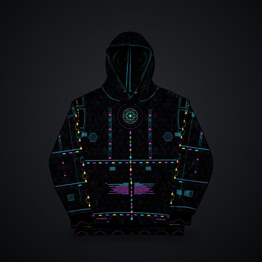 Metatron Pulse Hoodie: black rave hoodie with neon cyan, magenta and violet sacred geometry design, front view