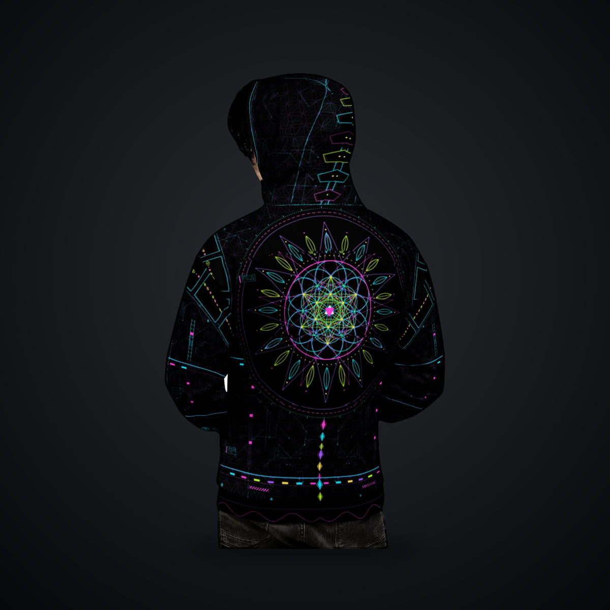 Metatron Pulse Hoodie: black rave hoodie with neon cyan, magenta and violet sacred geometry design, back view on model