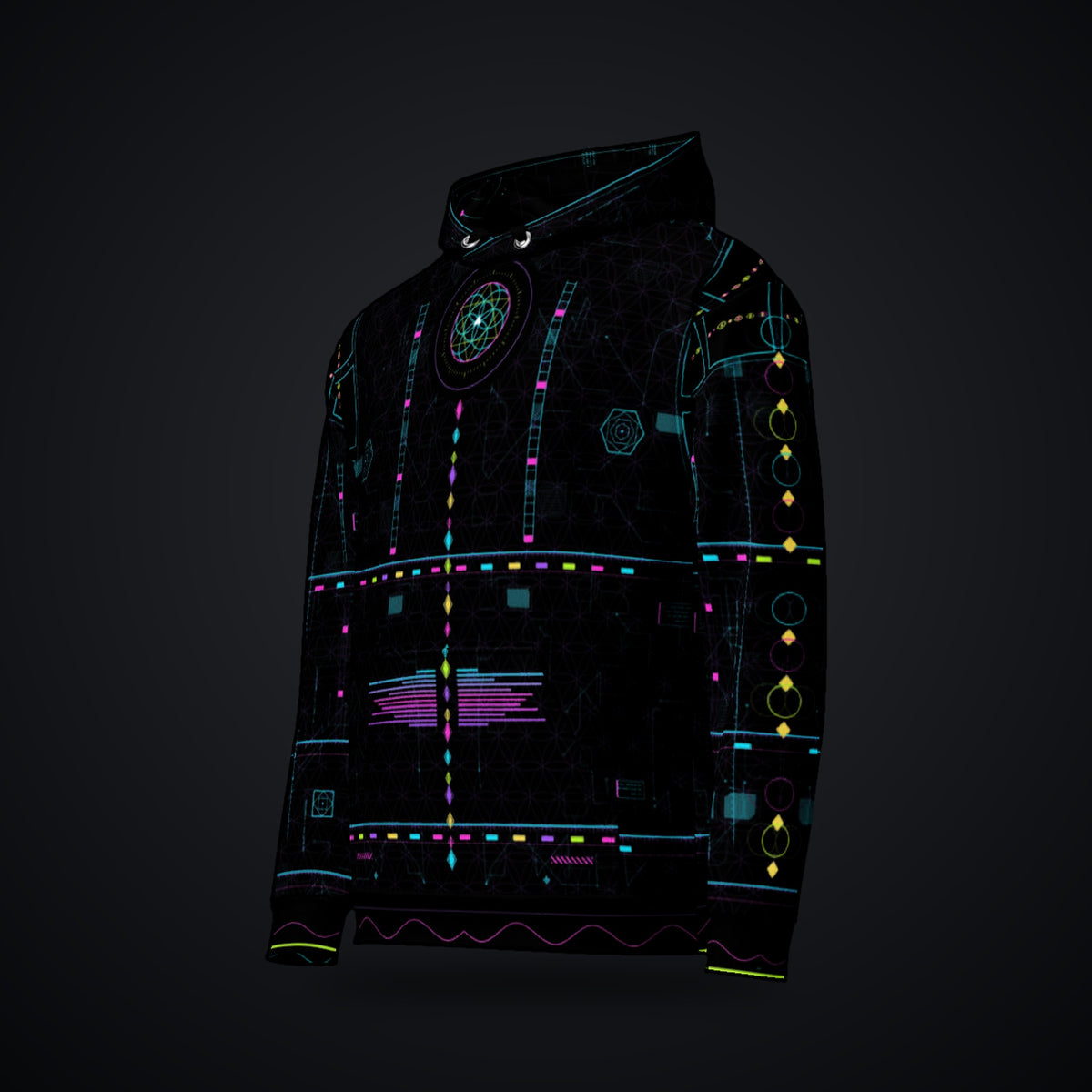 Metatron Pulse Hoodie: black rave hoodie with neon cyan, magenta and violet sacred geometry design, left front view