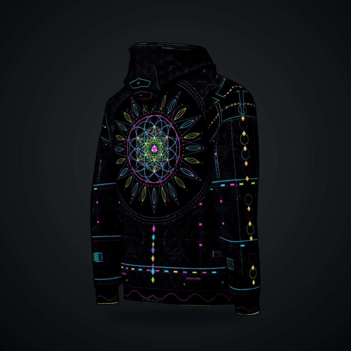 Metatron Pulse Hoodie: black rave hoodie with neon cyan, magenta and violet sacred geometry design, right back view