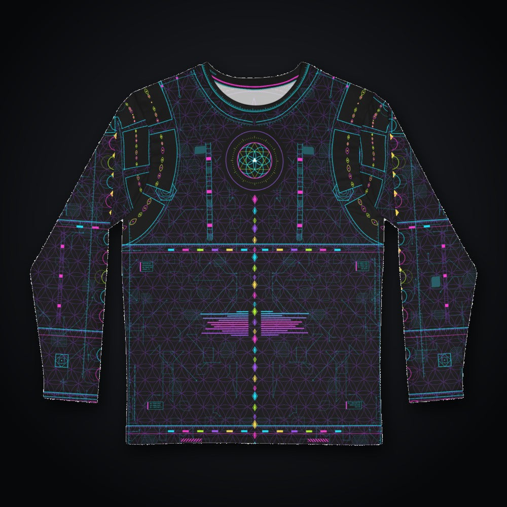 Metatron Pulse Long Sleeve: black rave long sleeve shirt with neon cyan, magenta and violet sacred geometry design