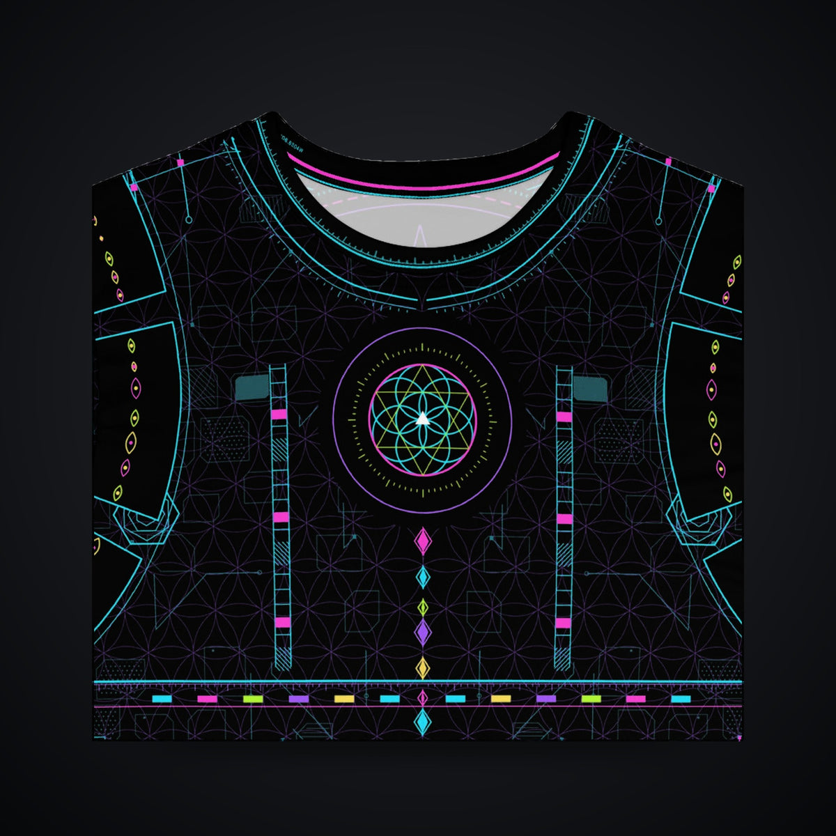 Metatron Pulse Long Sleeve: black rave long sleeve shirt with neon cyan, magenta and violet sacred geometry design, chest and collar detail view