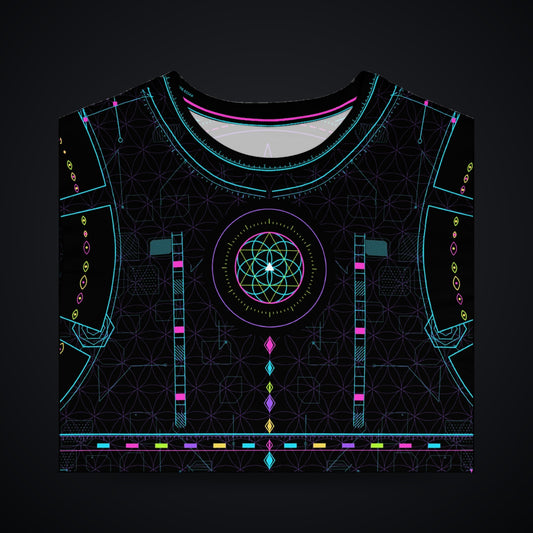 Metatron Pulse Long Sleeve: black rave long sleeve shirt with neon cyan, magenta and violet sacred geometry design, chest and collar detail view