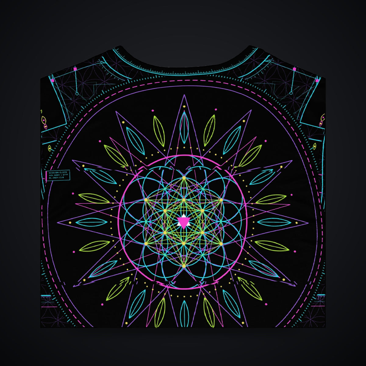 Metatron Pulse Long Sleeve: black rave long sleeve shirt with neon cyan, magenta and violet sacred geometry design, back detail view