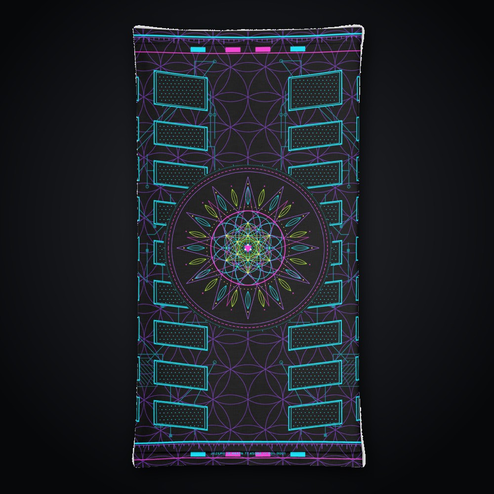 Metatron Pulse Neck Gaiter: black rave neck gaiter with neon cyan, magenta and violet sacred geometry design