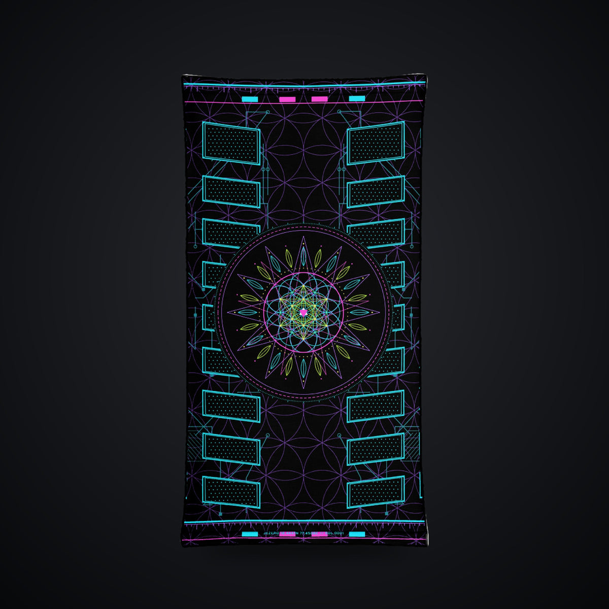 Metatron Pulse Neck Gaiter: black rave neck gaiter with neon cyan, magenta and violet sacred geometry design, front view