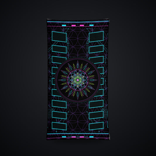 Metatron Pulse Neck Gaiter: black rave neck gaiter with neon cyan, magenta and violet sacred geometry design, front view
