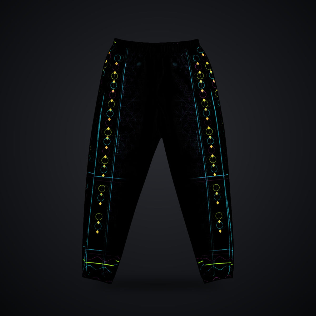 Metatron Pulse Track Pants: black rave track pants with neon cyan, magenta and violet sacred geometry design, front view