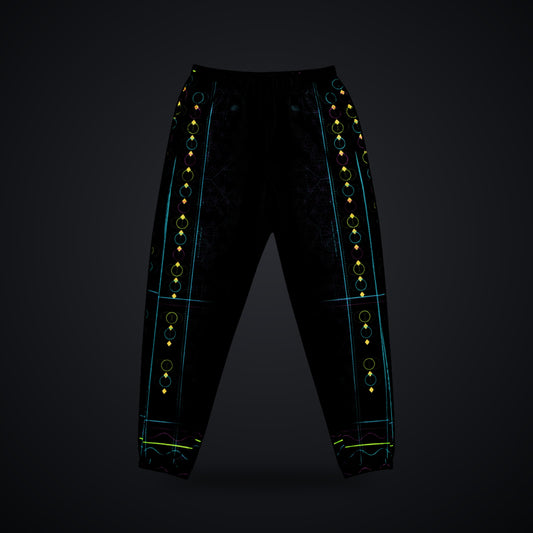 Metatron Pulse Track Pants: black rave track pants with neon cyan, magenta and violet sacred geometry design, front view