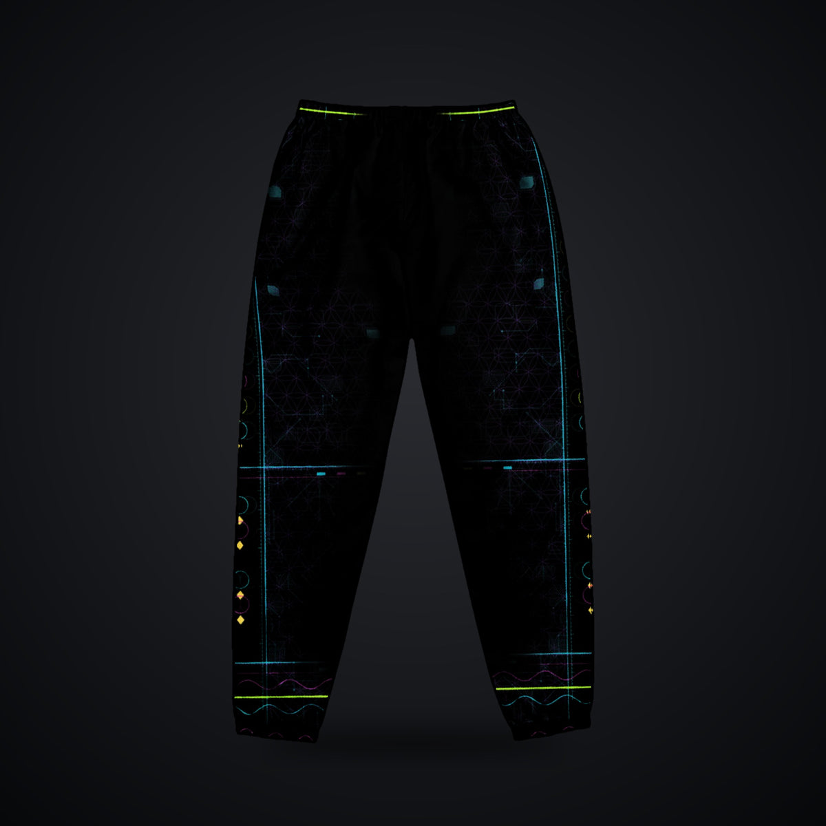 Metatron Pulse Track Pants: black rave track pants with neon cyan, magenta and violet sacred geometry design, back view