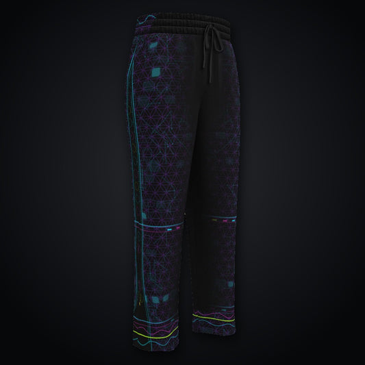 Metatron Pulse Wide-Leg Joggers: black wide-leg rave joggers with neon cyan, magenta and violet sacred geometry design