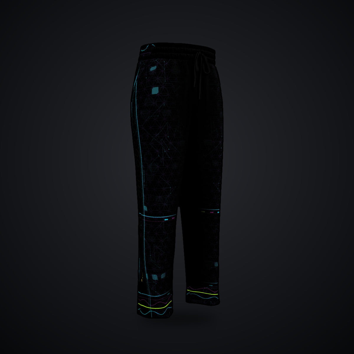 Metatron Pulse Wide-Leg Joggers: black wide-leg rave joggers with neon cyan, magenta and violet sacred geometry, left front view