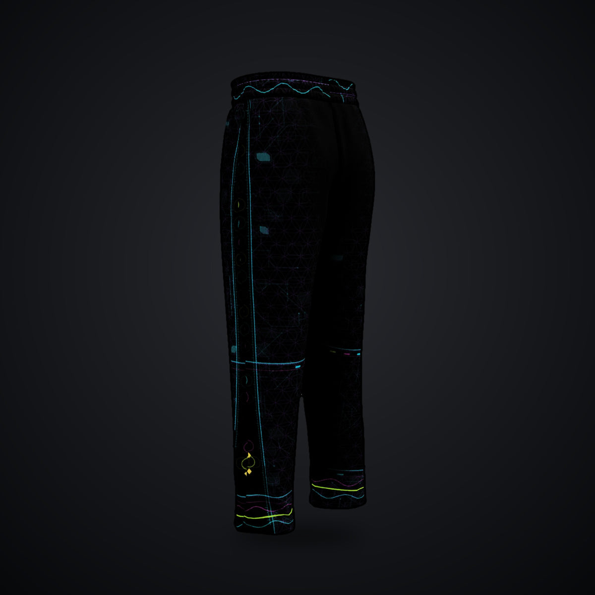 Metatron Pulse Wide-Leg Joggers: black wide-leg rave joggers with neon cyan, magenta and violet sacred geometry, side view