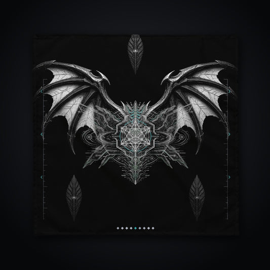 Neon Sigil Bandana: black rave bandana with chrome bat wing sigil design and ice-cyan accents