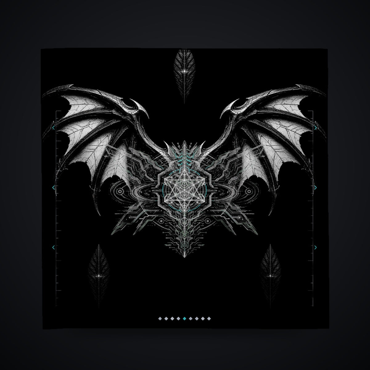 Neon Sigil Bandana: black rave bandana with chrome bat wing sigil design and ice-cyan accents, flat view