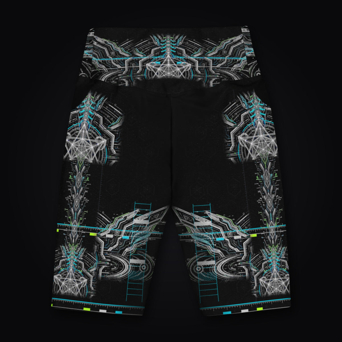 Neon Sigil Biker Shorts: black rave biker shorts with white sigil and wing design with cyan accents, back view