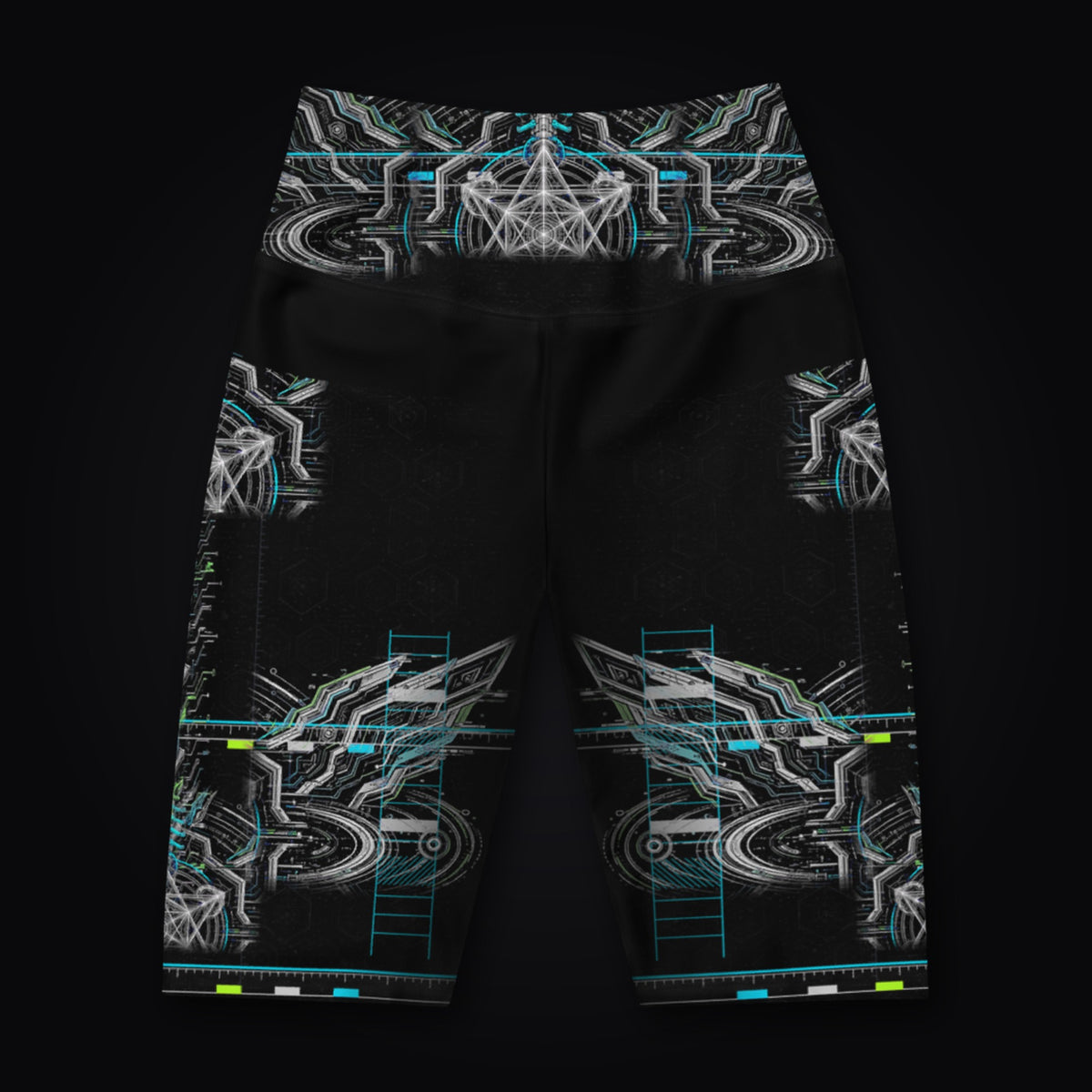 Neon Sigil Biker Shorts: black rave biker shorts with white sigil and wing design with cyan accents, front view