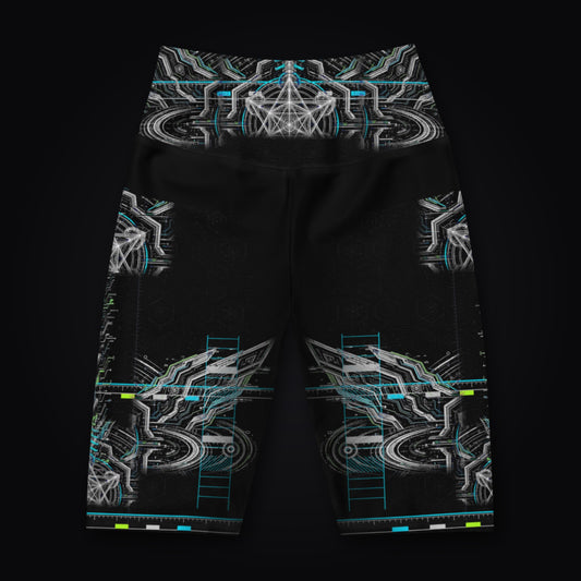 Neon Sigil Biker Shorts: black rave biker shorts with white sigil and wing design with cyan accents, front view