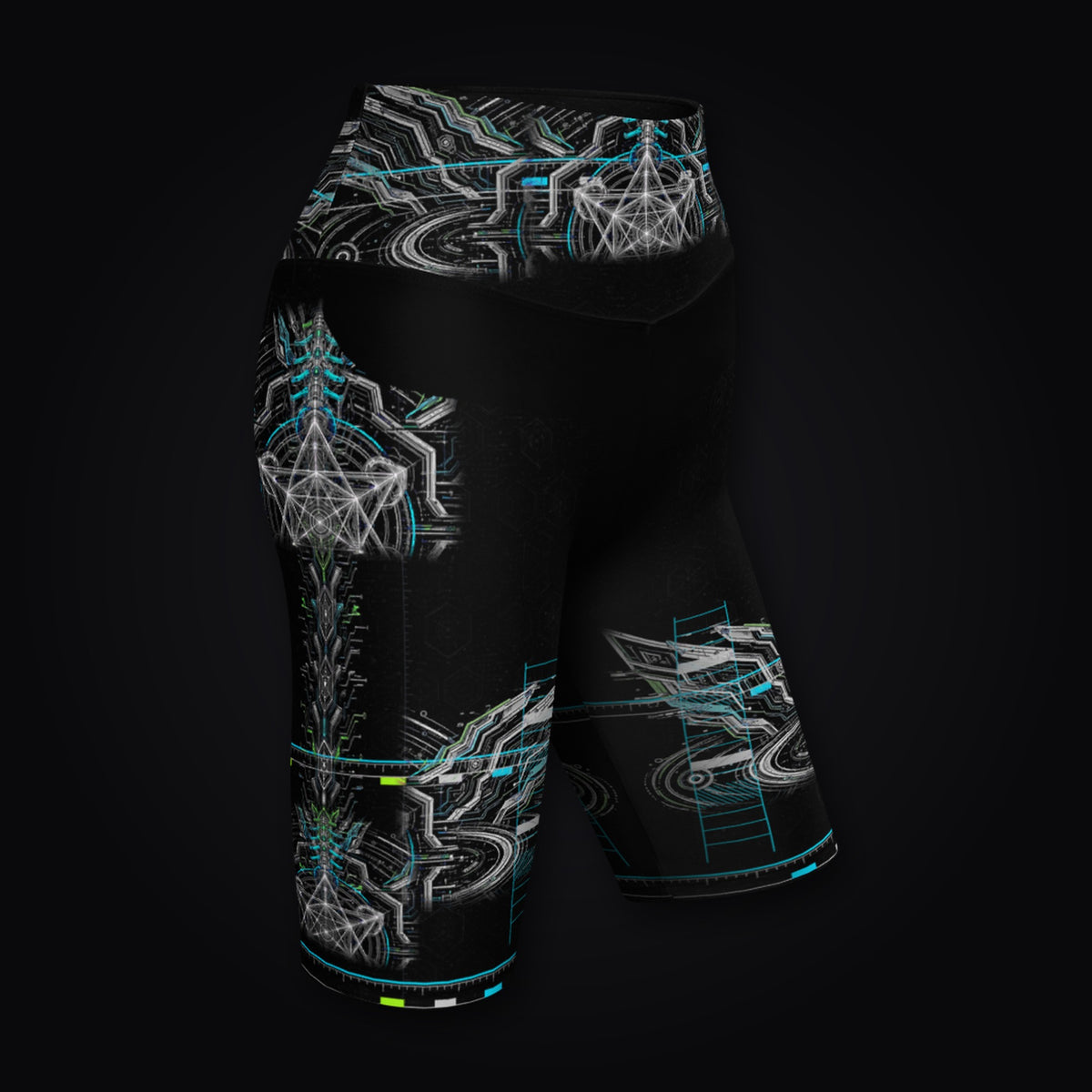Neon Sigil Biker Shorts: black rave biker shorts with white sigil and wing design with cyan accents, right front view