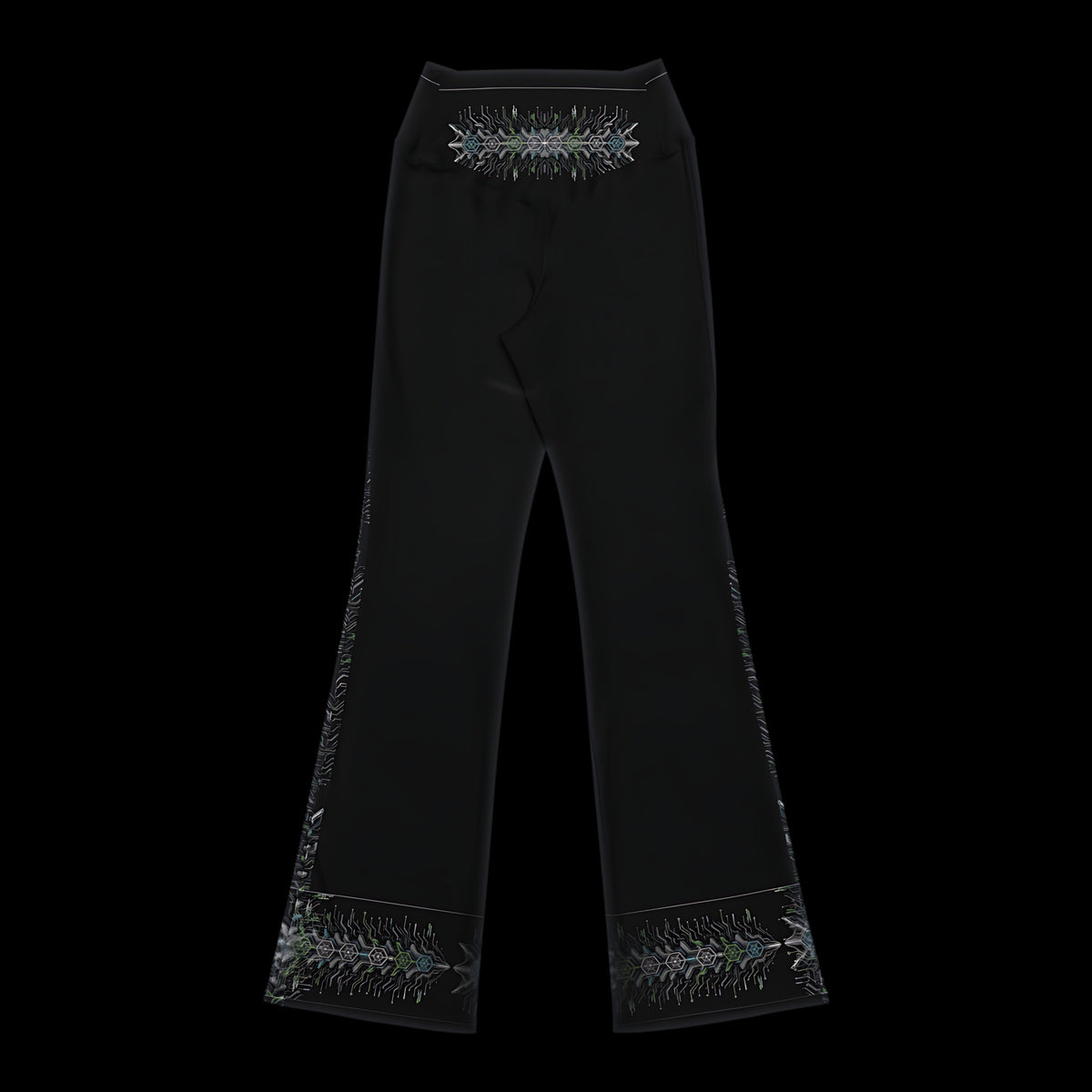 Neon Sigil flare leggings in black, back view laid flat