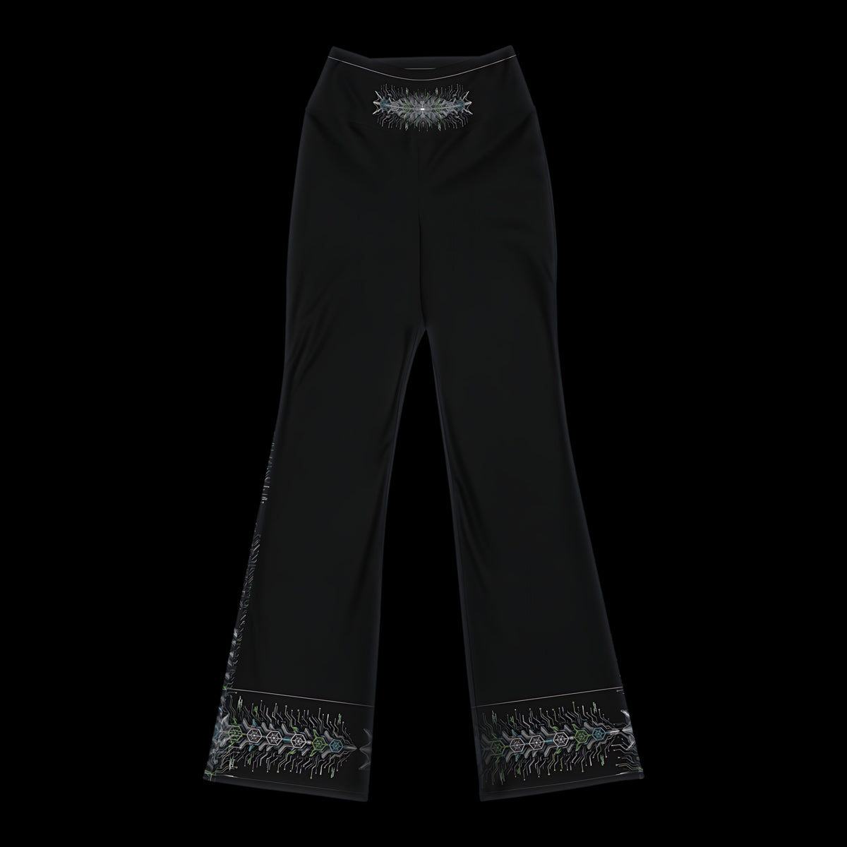 Neon Sigil flare leggings in black, front view laid flat