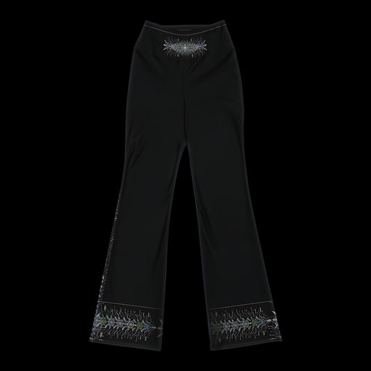 Neon Sigil flare leggings in black, front view laid flat