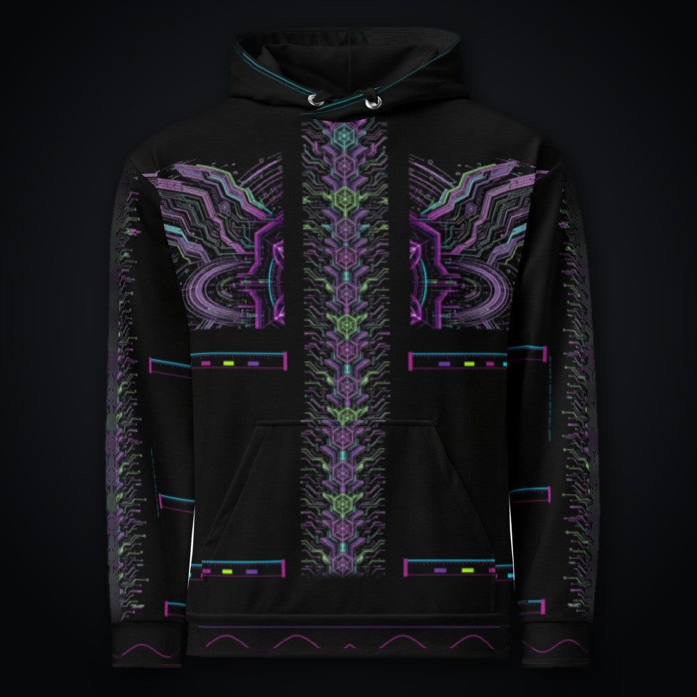 Neon Sigil Hoodie: black rave hoodie with neon violet sigil and gunmetal armor wing design