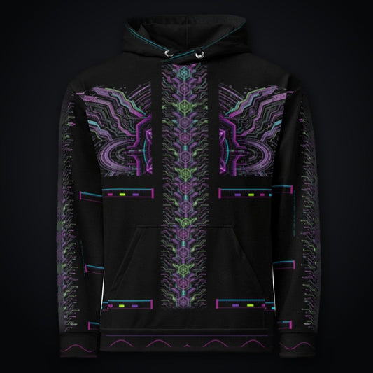 Neon Sigil Hoodie: black rave hoodie with neon violet sigil and gunmetal armor wing design
