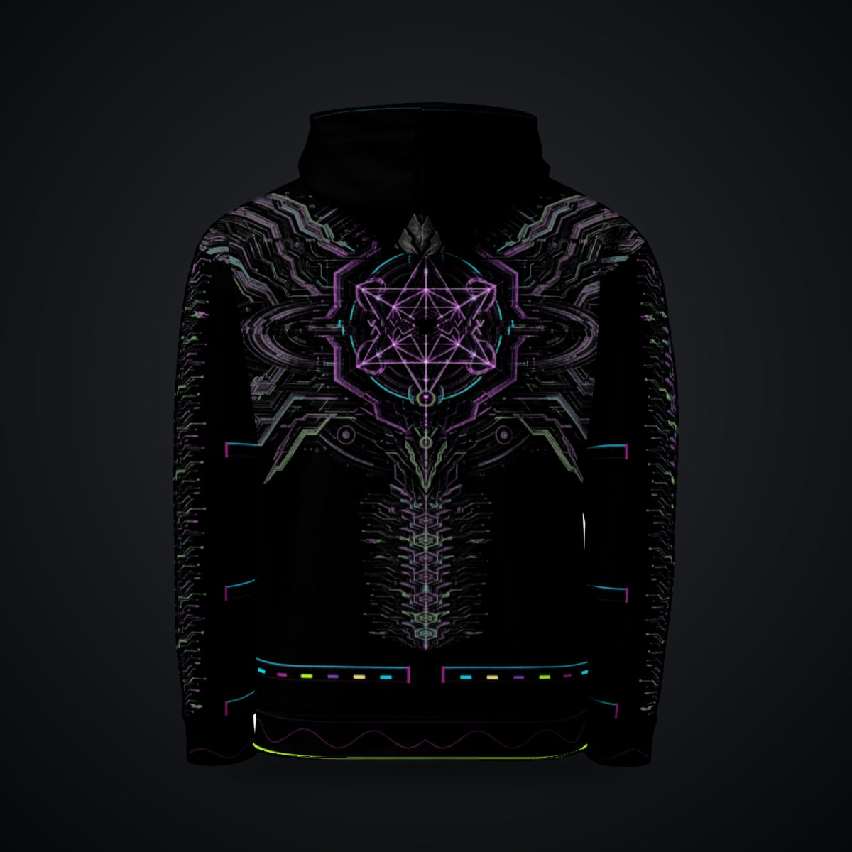 Neon Sigil Hoodie: black rave hoodie with neon violet sigil and gunmetal armor wing design, back view