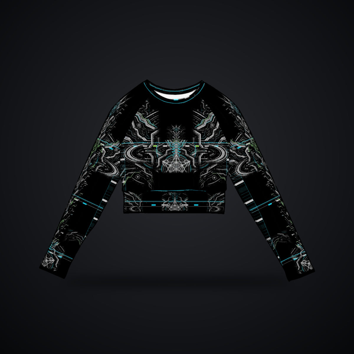 Neon Sigil Long Sleeve Crop Top: black rave crop top with white mirrored sigil and wing design, cyan accents, front view