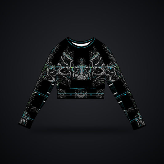 Neon Sigil Long Sleeve Crop Top: black rave crop top with white mirrored sigil and wing design, cyan accents, front view