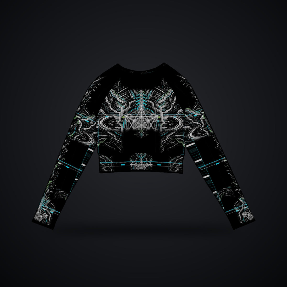 Neon Sigil Long Sleeve Crop Top: black rave crop top with white mirrored sigil and wing design, cyan accents, back view