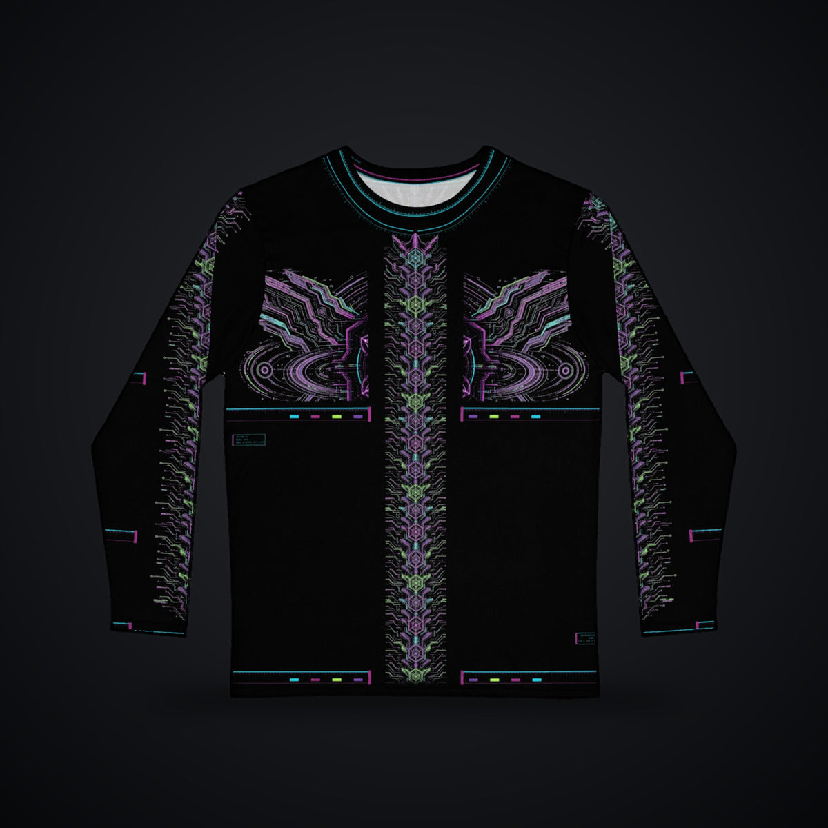 Neon Sigil Long Sleeve: black rave long sleeve shirt with neon violet sigil and gunmetal armor wing design, front view