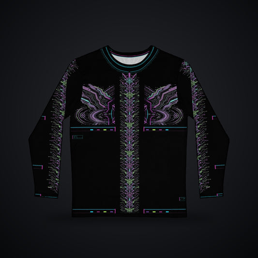Neon Sigil Long Sleeve: black rave long sleeve shirt with neon violet sigil and gunmetal armor wing design, front view