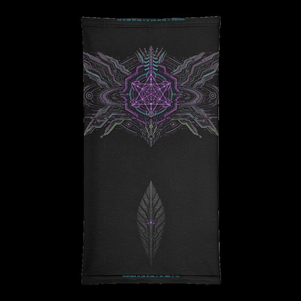 Neon Sigil Neck Gaiter: black rave neck gaiter with neon violet sigil and gunmetal armor wing design