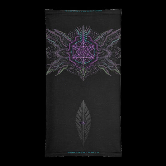 Neon Sigil Neck Gaiter: black rave neck gaiter with neon violet sigil and gunmetal armor wing design