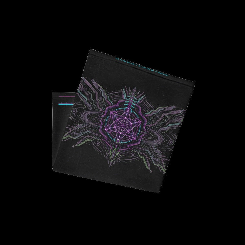 Neon Sigil Neck Gaiter: black rave neck gaiter with neon violet sigil and gunmetal armor wing design