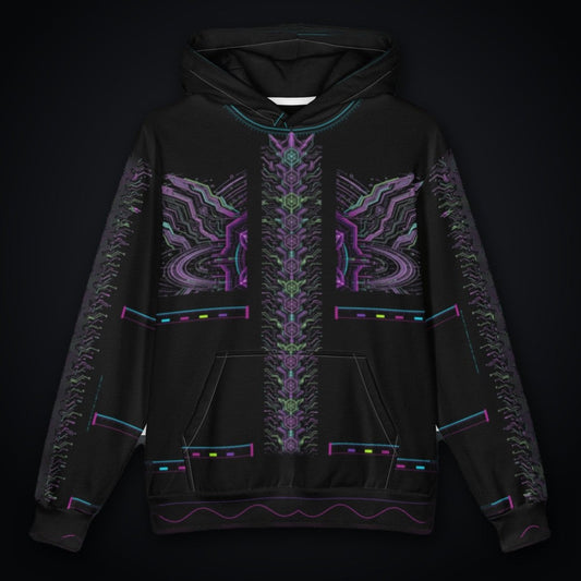 Neon Sigil Oversized Cotton Hoodie: black oversized rave hoodie with neon violet sigil and gunmetal armor wing design