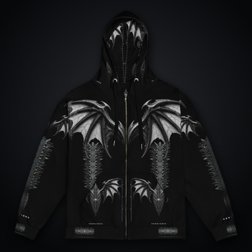 Neon Sigil Zip Hoodie: black rave zip hoodie with chrome bat wing sigil design and ice-cyan accents
