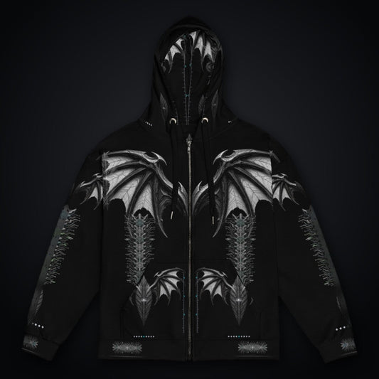 Neon Sigil Zip Hoodie: black rave zip hoodie with chrome bat wing sigil design and ice-cyan accents