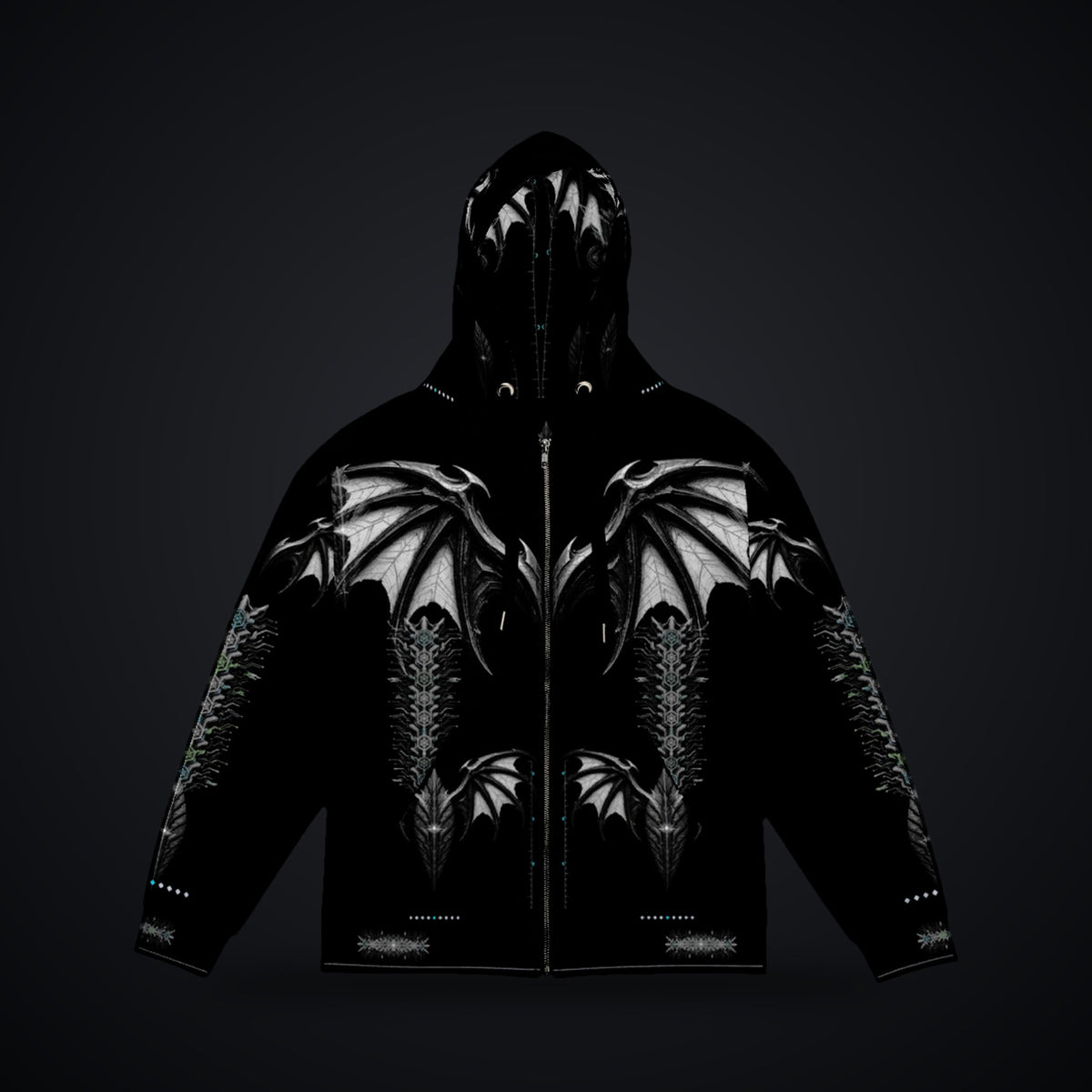 Neon Sigil Zip Hoodie: black rave zip hoodie with chrome bat wing sigil design and ice-cyan accents, front view