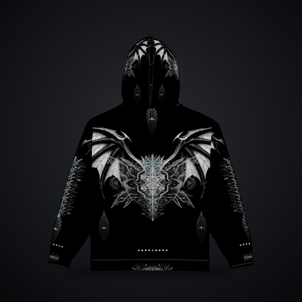 Neon Sigil Zip Hoodie: black rave zip hoodie with chrome bat wing sigil design and ice-cyan accents, back view