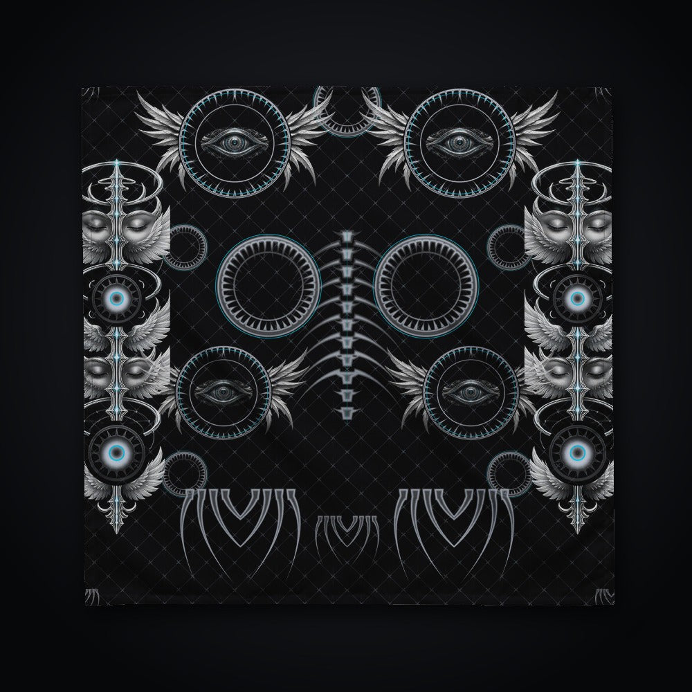Shard Crown Gothic Rave Bandana: black rave bandana with chrome winged eye design with ice-cyan accents