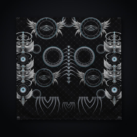 Shard Crown Gothic Rave Bandana: black rave bandana with chrome winged eye design with ice-cyan accents