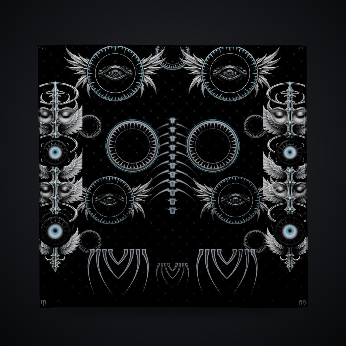 Shard Crown Gothic Rave Bandana: black rave bandana with chrome winged eye design with ice-cyan accents, front view