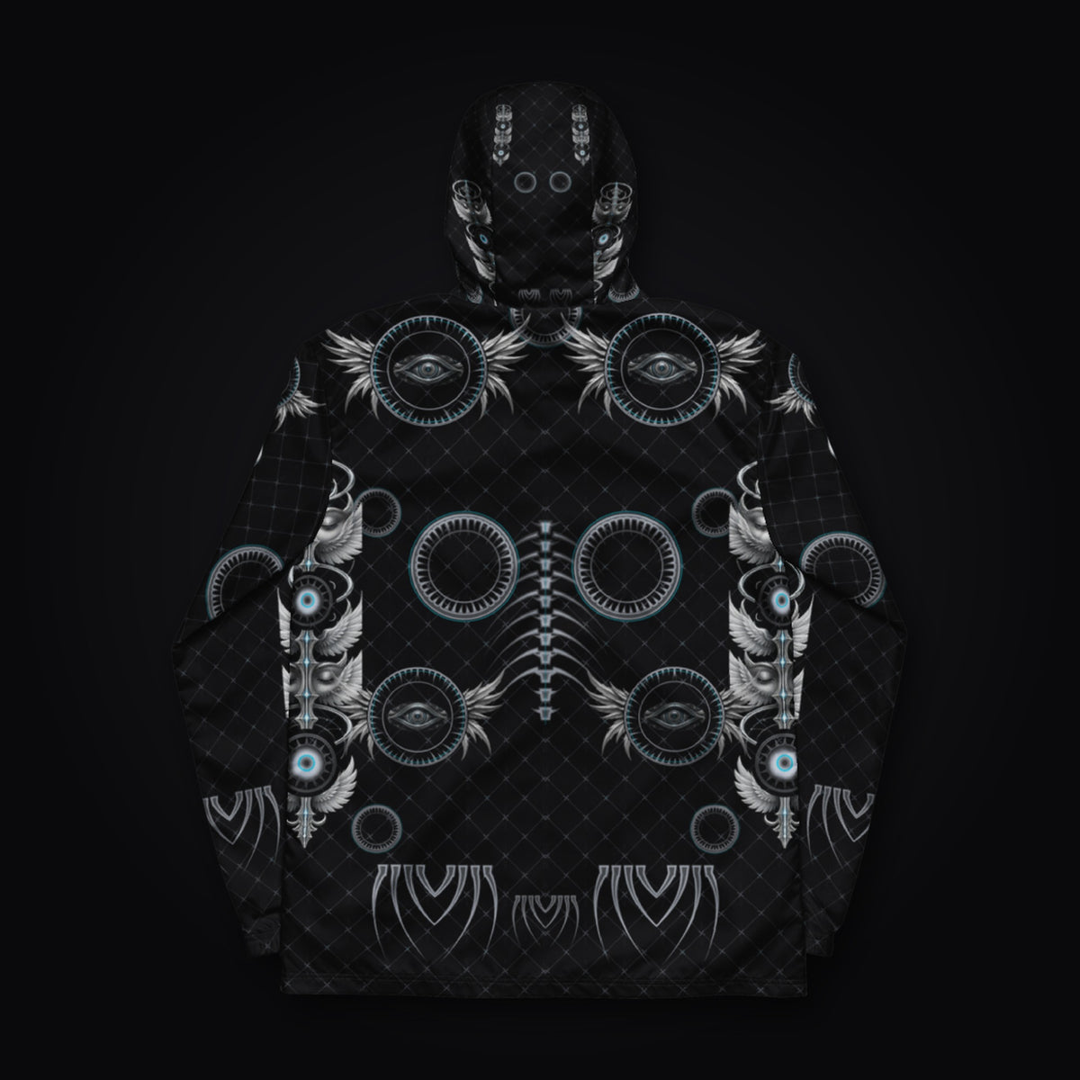 Shard Crown Gothic Rave Windbreaker: black gothic rave windbreaker with chrome winged eye design with ice-cyan accents, back view