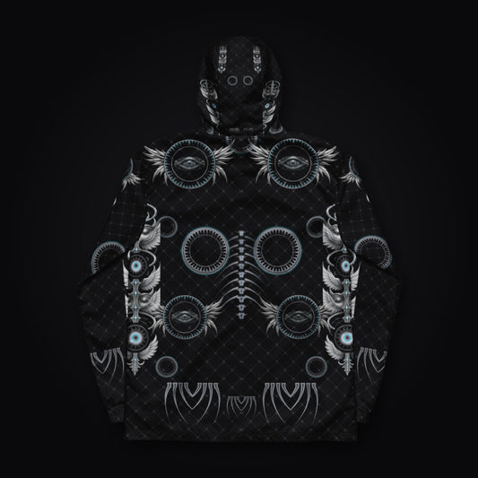 Shard Crown Gothic Rave Windbreaker: black gothic rave windbreaker with chrome winged eye design with ice-cyan accents, back view