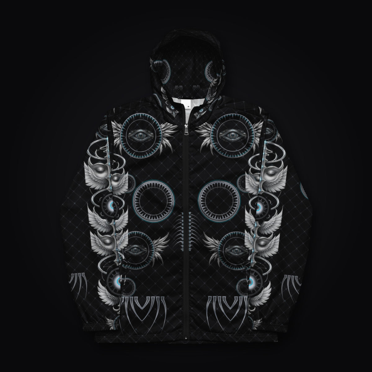 Shard Crown Gothic Rave Windbreaker: black gothic rave windbreaker with chrome winged eye design with ice-cyan accents, front view